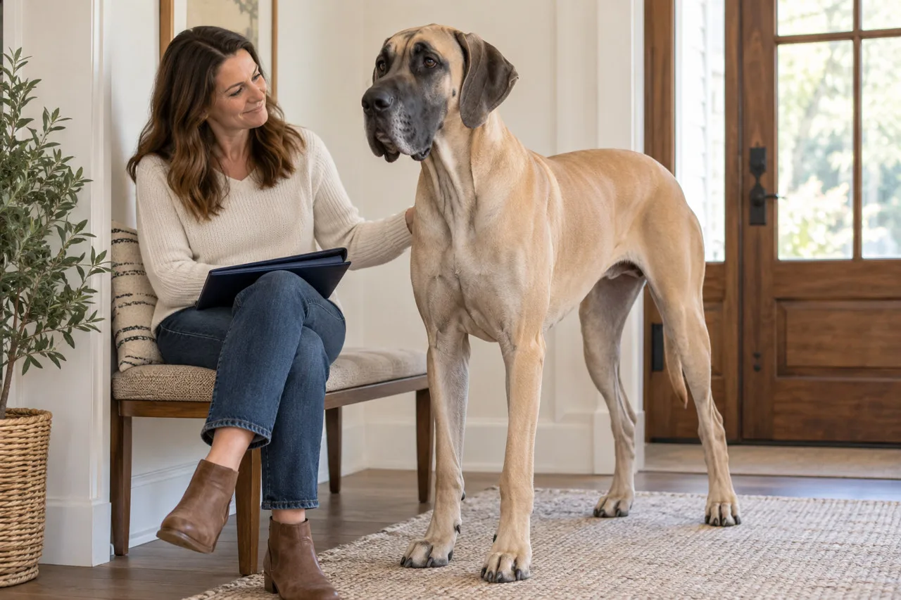 An owner seated beside a large tan dog with a folder on her lap